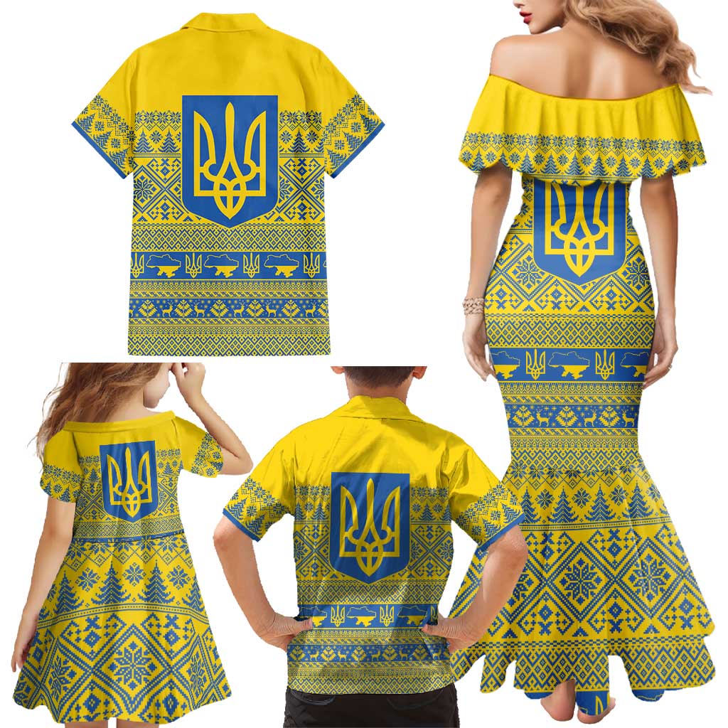 Ukraine Trident Christmas Family Matching Mermaid Dress and Hawaiian Shirt Vyshyvanka Patterns - Wonder Print Shop