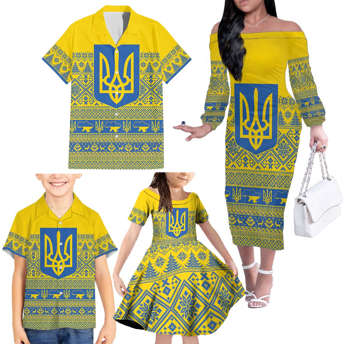 Ukraine Trident Christmas Family Matching Off The Shoulder Long Sleeve Dress and Hawaiian Shirt Vyshyvanka Patterns - Wonder Print Shop