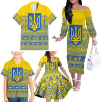 Ukraine Trident Christmas Family Matching Off The Shoulder Long Sleeve Dress and Hawaiian Shirt Vyshyvanka Patterns - Wonder Print Shop