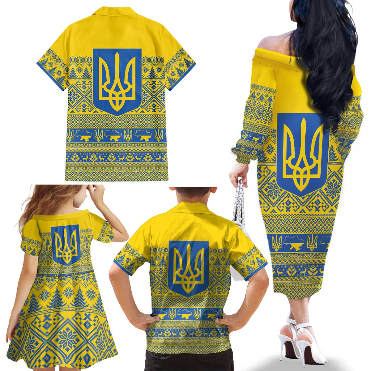 Ukraine Trident Christmas Family Matching Off The Shoulder Long Sleeve Dress and Hawaiian Shirt Vyshyvanka Patterns - Wonder Print Shop