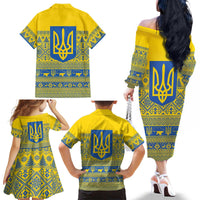 Ukraine Trident Christmas Family Matching Off The Shoulder Long Sleeve Dress and Hawaiian Shirt Vyshyvanka Patterns - Wonder Print Shop