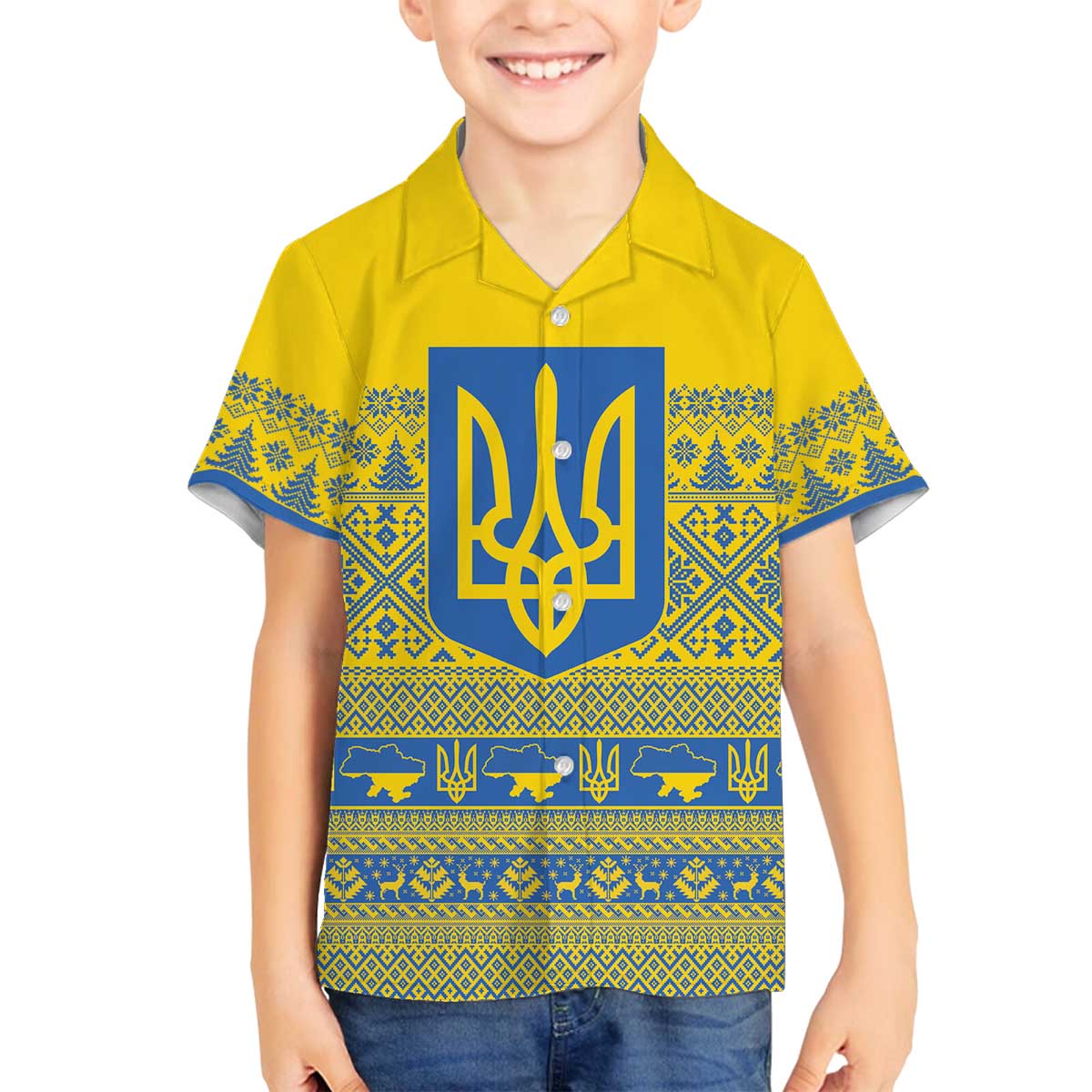 Ukraine Trident Christmas Family Matching Off The Shoulder Long Sleeve Dress and Hawaiian Shirt Vyshyvanka Patterns - Wonder Print Shop
