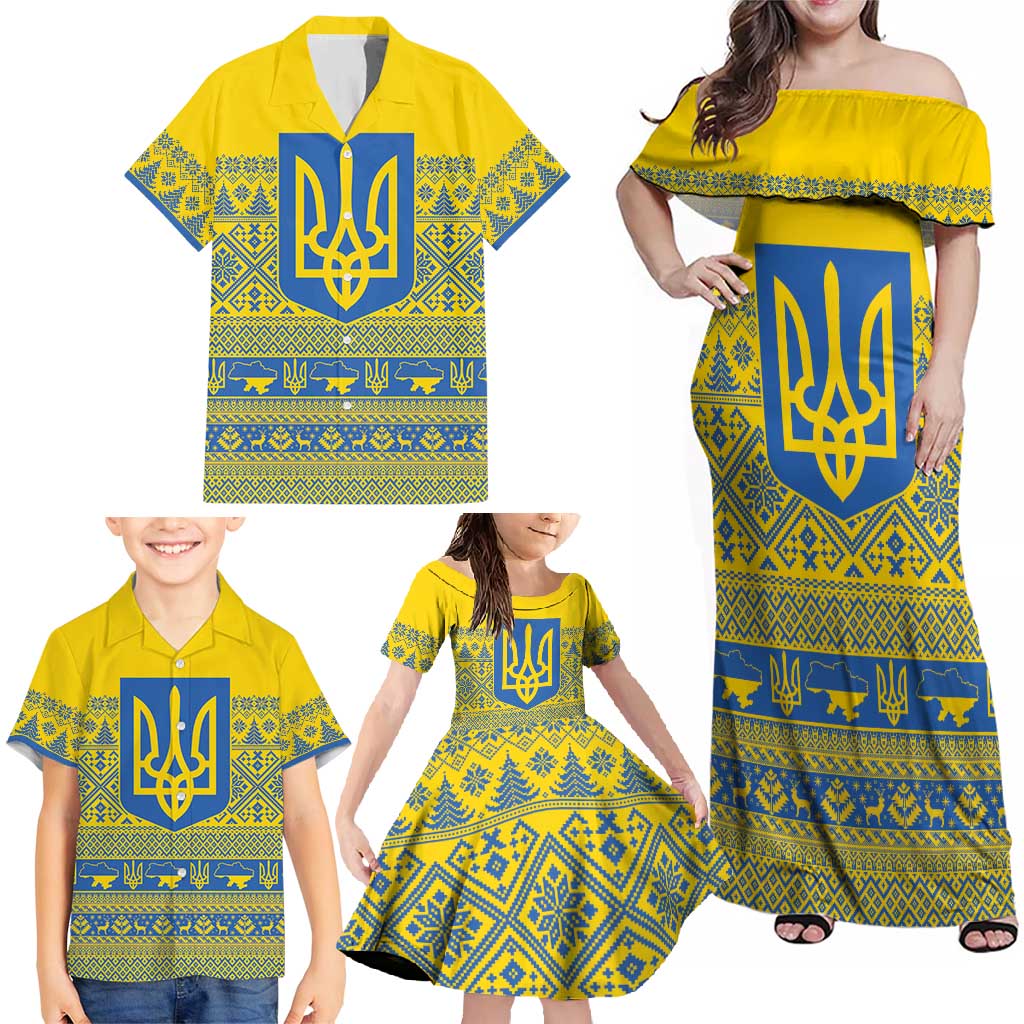 Ukraine Trident Christmas Family Matching Off Shoulder Maxi Dress and Hawaiian Shirt Vyshyvanka Patterns - Wonder Print Shop