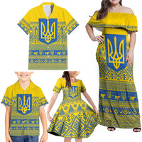 Ukraine Trident Christmas Family Matching Off Shoulder Maxi Dress and Hawaiian Shirt Vyshyvanka Patterns - Wonder Print Shop