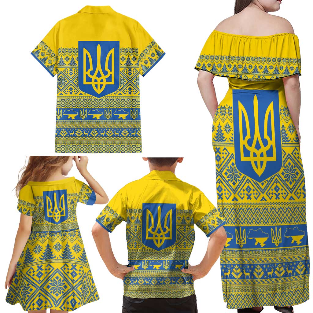 Ukraine Trident Christmas Family Matching Off Shoulder Maxi Dress and Hawaiian Shirt Vyshyvanka Patterns - Wonder Print Shop