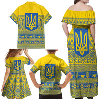 Ukraine Trident Christmas Family Matching Off Shoulder Maxi Dress and Hawaiian Shirt Vyshyvanka Patterns - Wonder Print Shop
