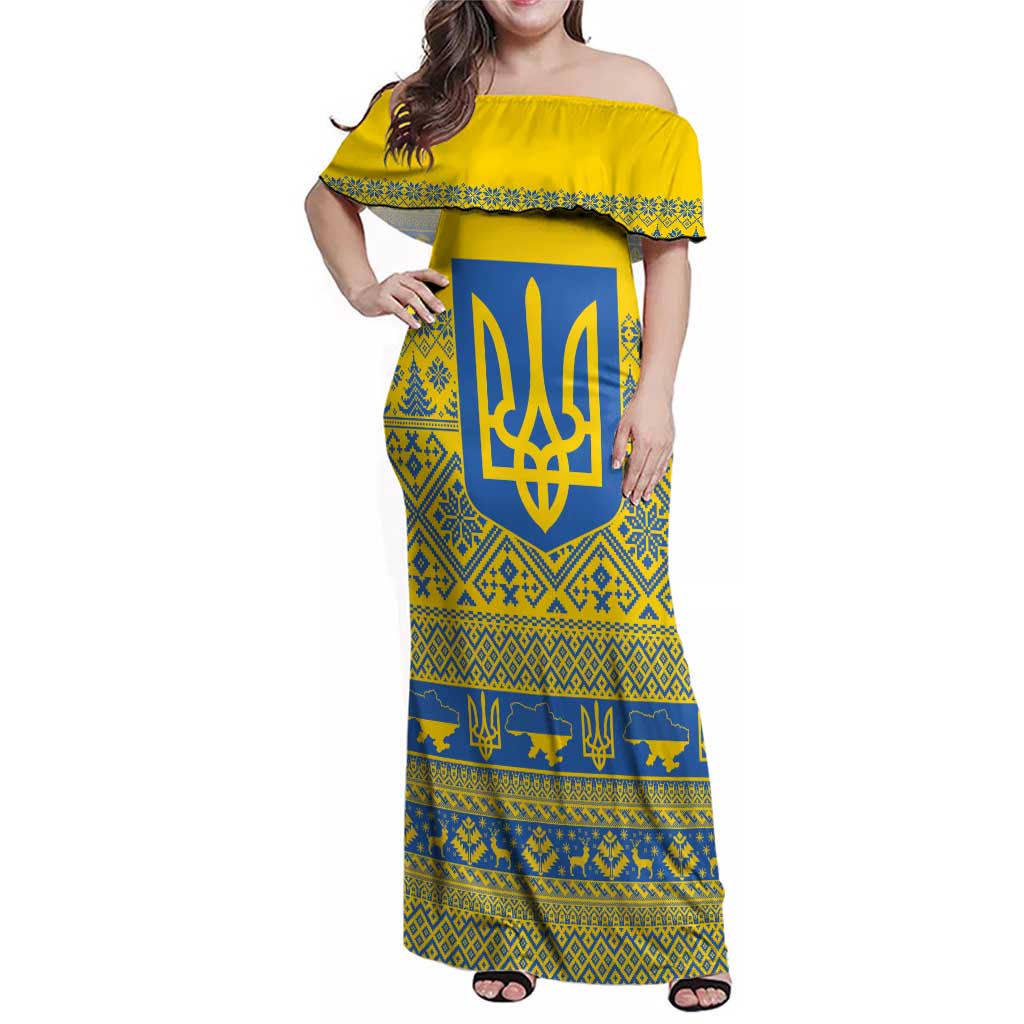 Ukraine Trident Christmas Family Matching Off Shoulder Maxi Dress and Hawaiian Shirt Vyshyvanka Patterns - Wonder Print Shop