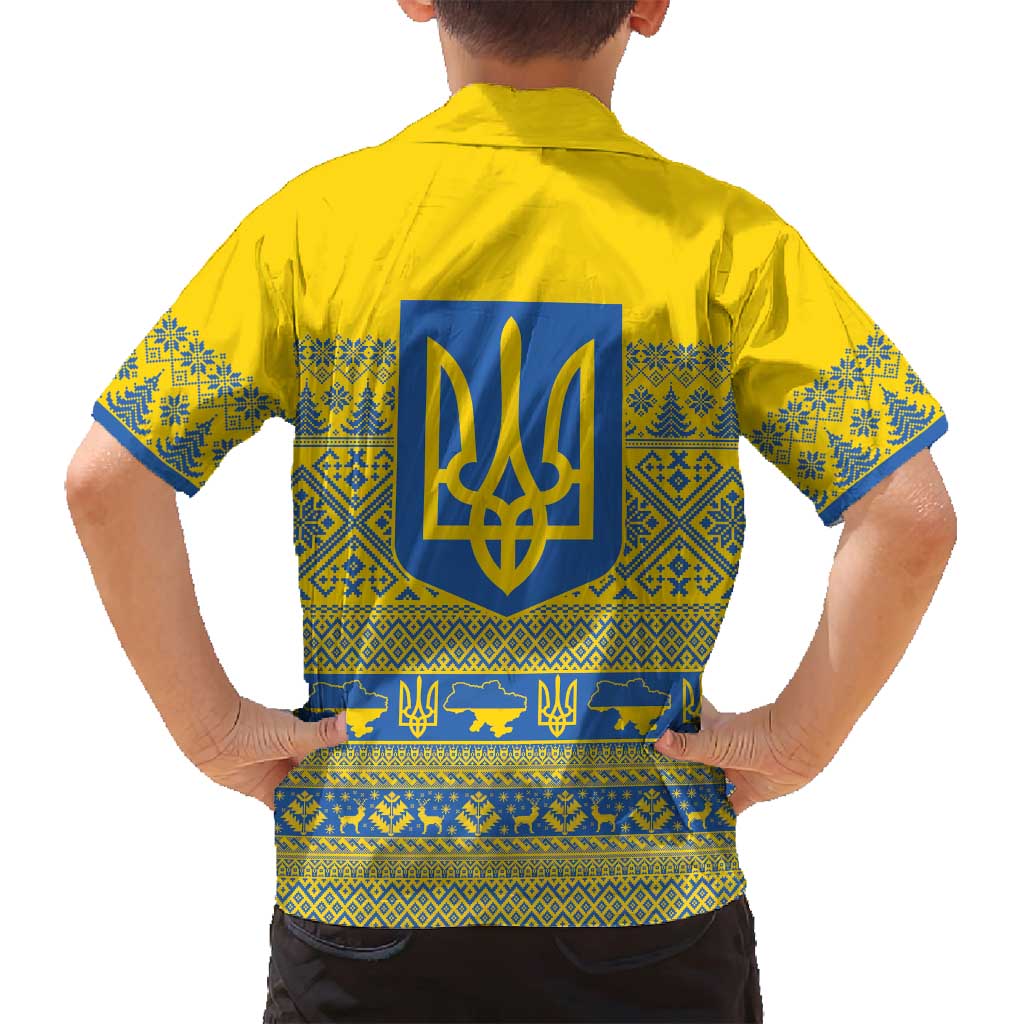 Ukraine Trident Christmas Family Matching Off Shoulder Short Dress and Hawaiian Shirt Vyshyvanka Patterns - Wonder Print Shop