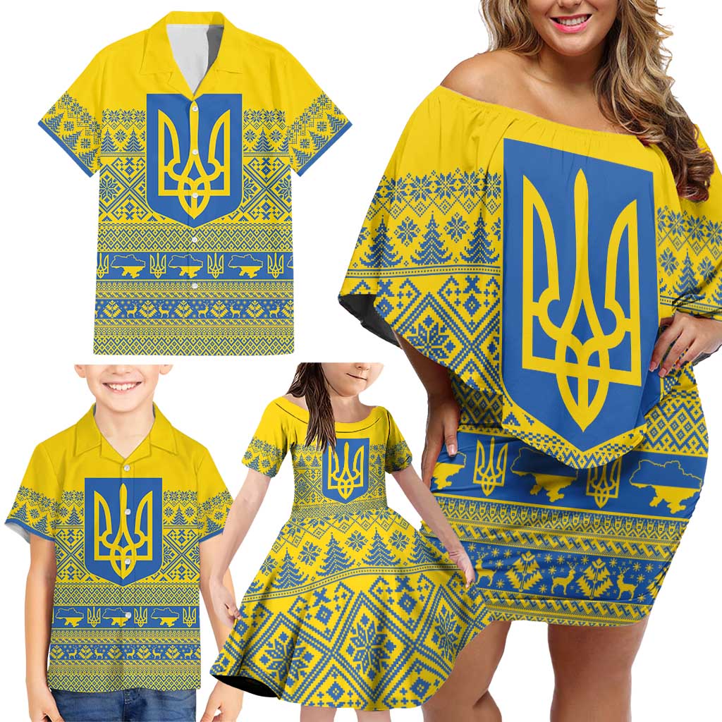 Ukraine Trident Christmas Family Matching Off Shoulder Short Dress and Hawaiian Shirt Vyshyvanka Patterns - Wonder Print Shop