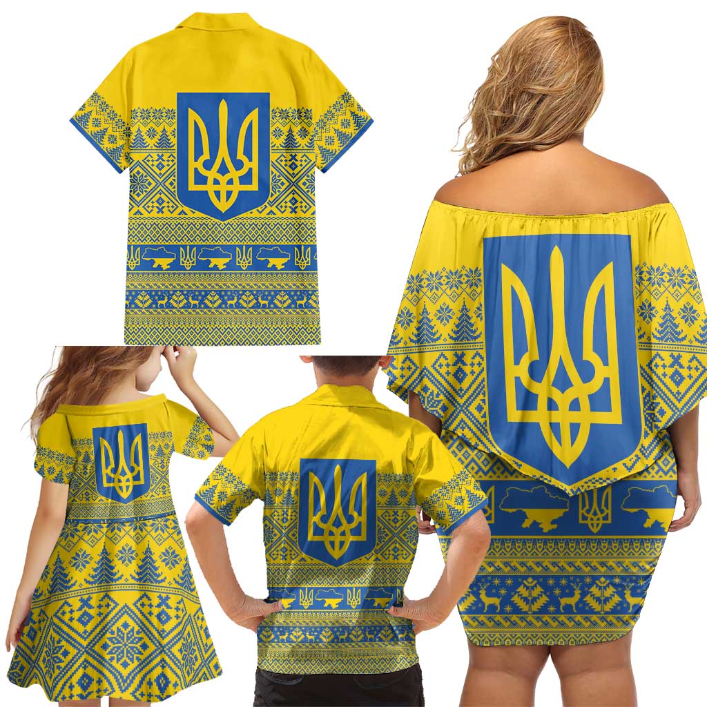 Ukraine Trident Christmas Family Matching Off Shoulder Short Dress and Hawaiian Shirt Vyshyvanka Patterns - Wonder Print Shop