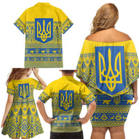 Ukraine Trident Christmas Family Matching Off Shoulder Short Dress and Hawaiian Shirt Vyshyvanka Patterns - Wonder Print Shop
