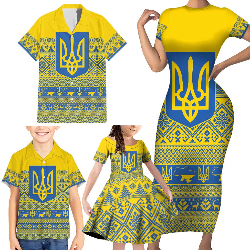 Ukraine Trident Christmas Family Matching Short Sleeve Bodycon Dress and Hawaiian Shirt Vyshyvanka Patterns - Wonder Print Shop