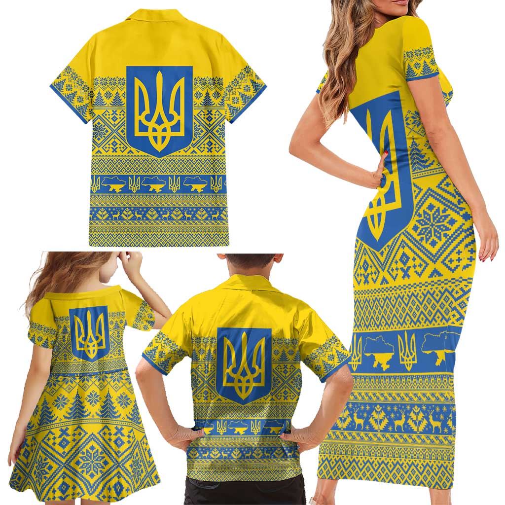 Ukraine Trident Christmas Family Matching Short Sleeve Bodycon Dress and Hawaiian Shirt Vyshyvanka Patterns - Wonder Print Shop
