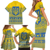 Ukraine Trident Christmas Family Matching Short Sleeve Bodycon Dress and Hawaiian Shirt Vyshyvanka Patterns - Wonder Print Shop