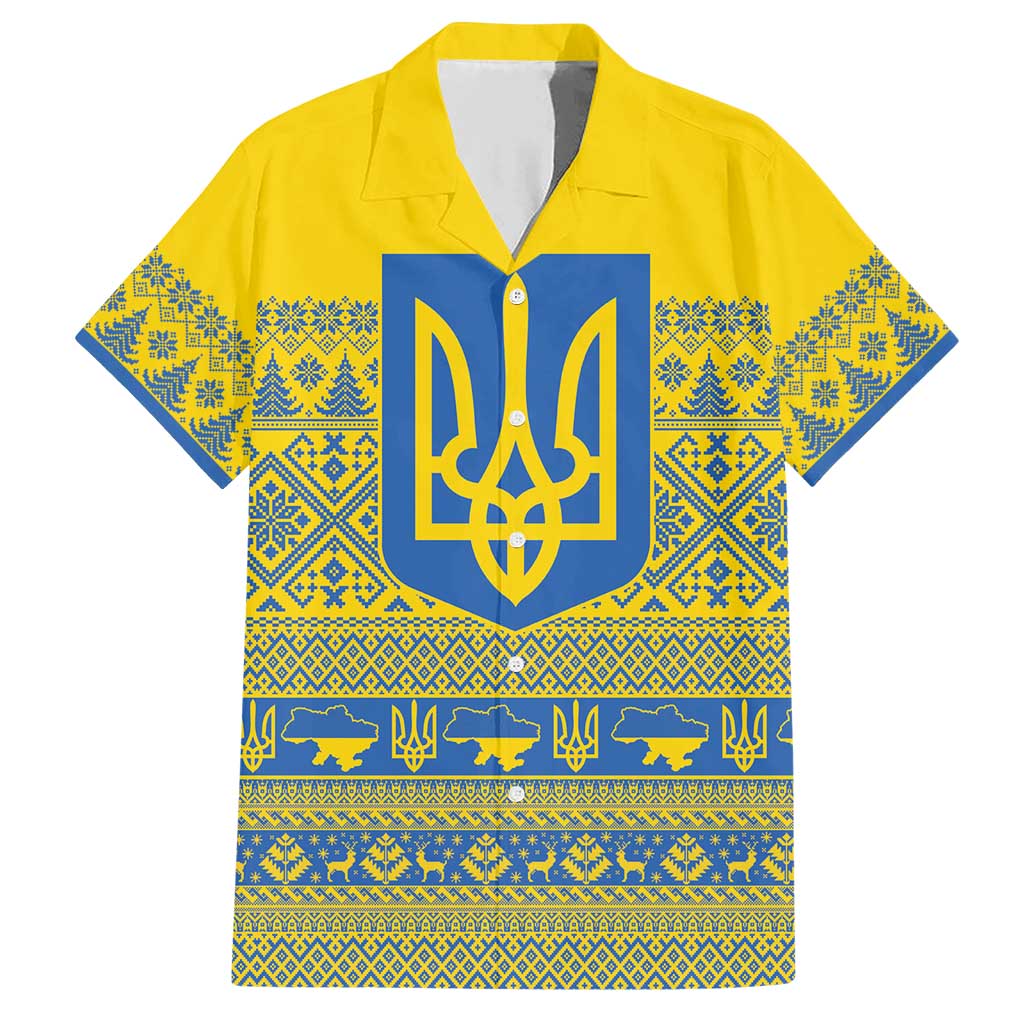 Ukraine Trident Christmas Family Matching Short Sleeve Bodycon Dress and Hawaiian Shirt Vyshyvanka Patterns - Wonder Print Shop