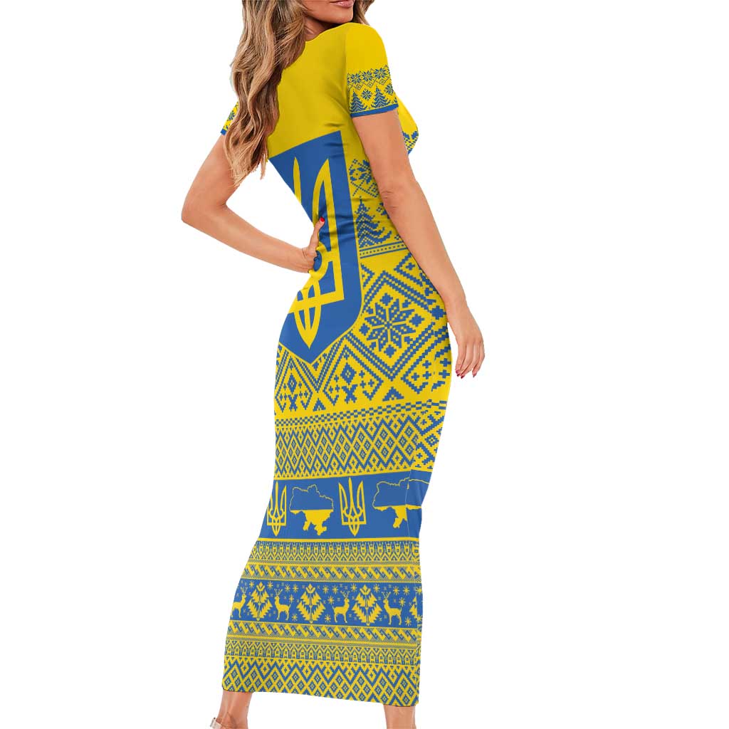 Ukraine Trident Christmas Family Matching Short Sleeve Bodycon Dress and Hawaiian Shirt Vyshyvanka Patterns - Wonder Print Shop