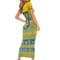 Ukraine Trident Christmas Family Matching Short Sleeve Bodycon Dress and Hawaiian Shirt Vyshyvanka Patterns - Wonder Print Shop