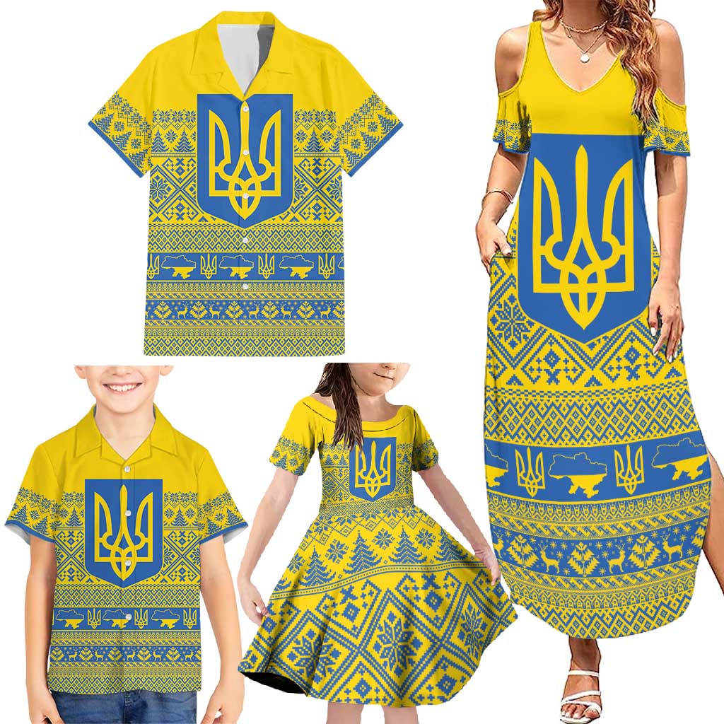 Ukraine Trident Christmas Family Matching Summer Maxi Dress and Hawaiian Shirt Vyshyvanka Patterns - Wonder Print Shop