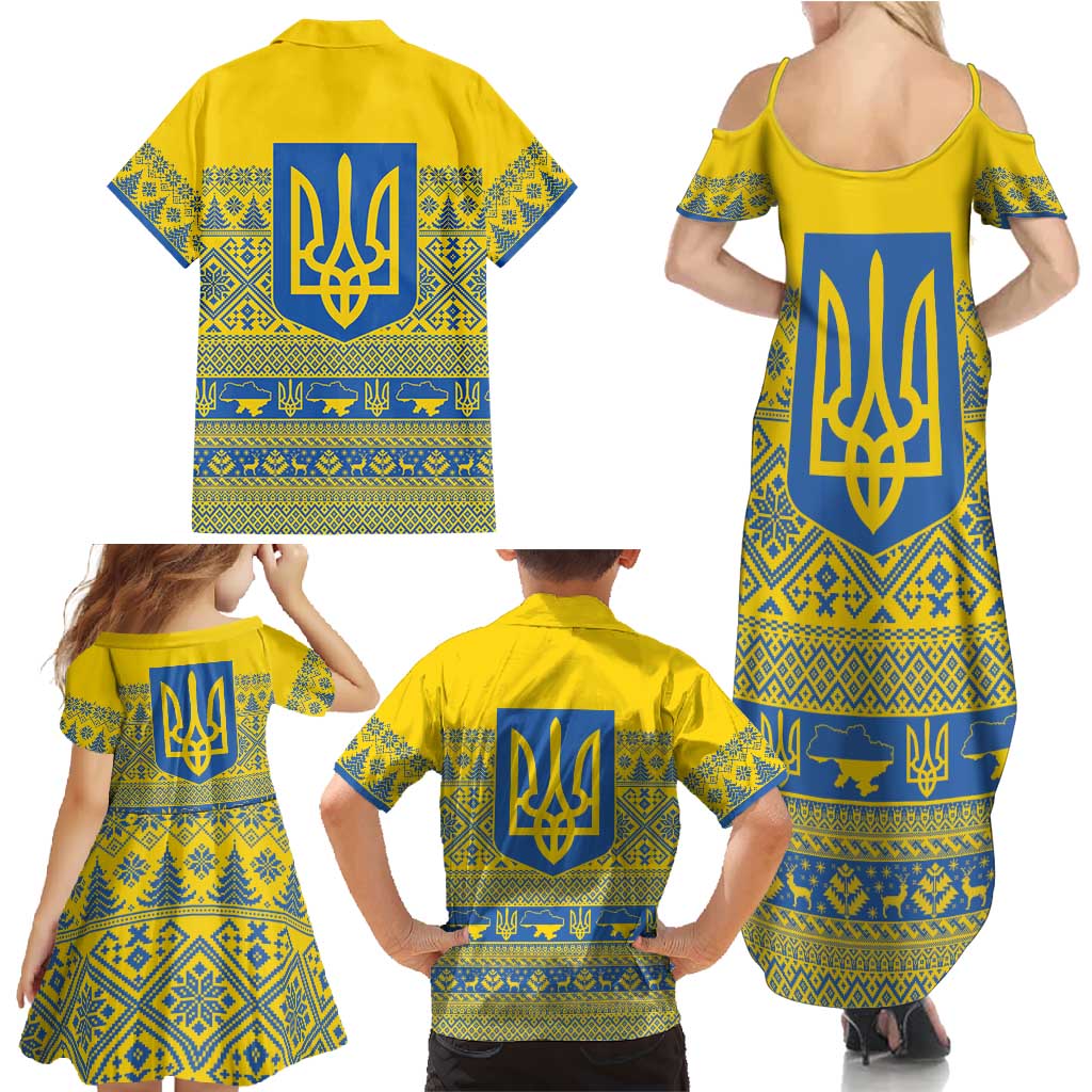 Ukraine Trident Christmas Family Matching Summer Maxi Dress and Hawaiian Shirt Vyshyvanka Patterns - Wonder Print Shop