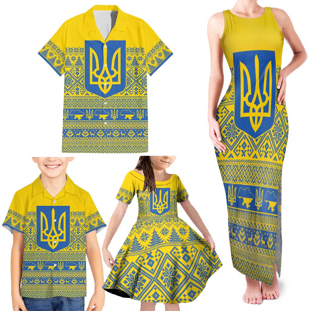 Ukraine Trident Christmas Family Matching Tank Maxi Dress and Hawaiian Shirt Vyshyvanka Patterns - Wonder Print Shop