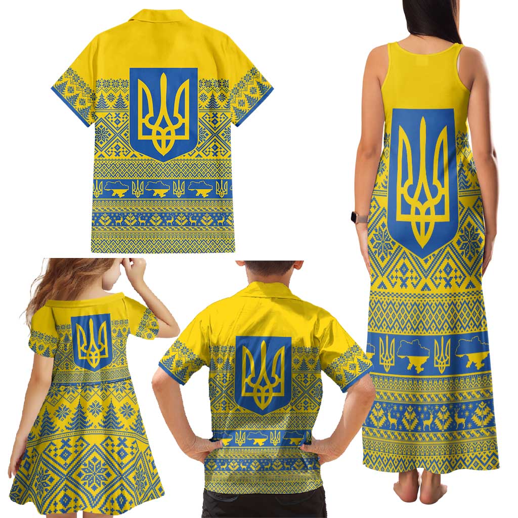 Ukraine Trident Christmas Family Matching Tank Maxi Dress and Hawaiian Shirt Vyshyvanka Patterns - Wonder Print Shop