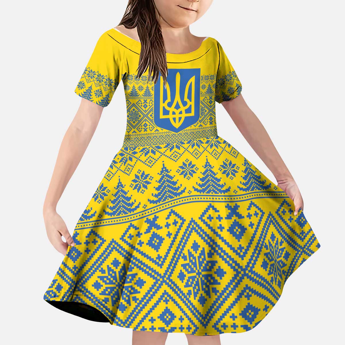 Ukraine Trident Christmas Kid Short Sleeve Dress Vyshyvanka Patterns - Wonder Print Shop