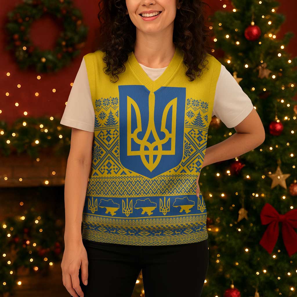 Ukraine Trident Christmas Knitted V-Neck Vest Vyshyvanka Patterns - Wonder Print Shop