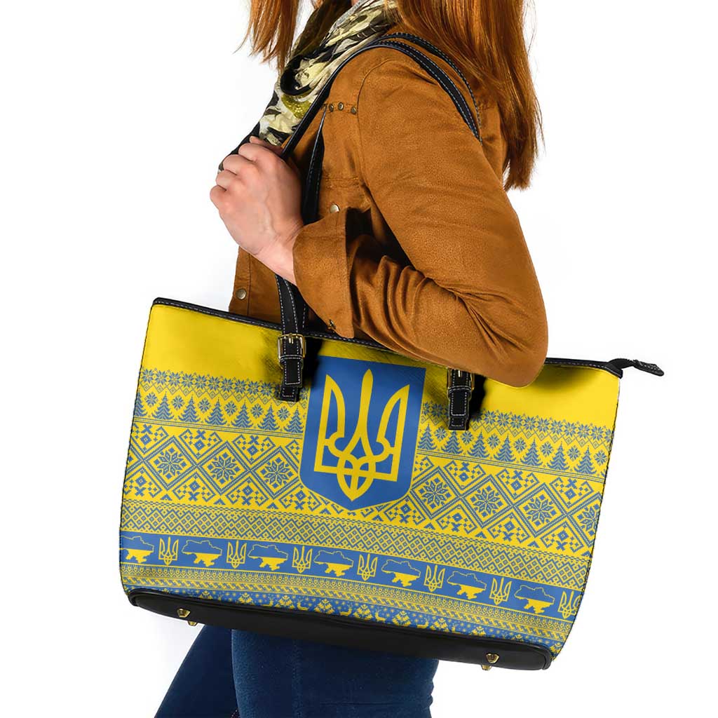 Ukraine Trident Christmas Leather Tote Bag Vyshyvanka Patterns - Wonder Print Shop