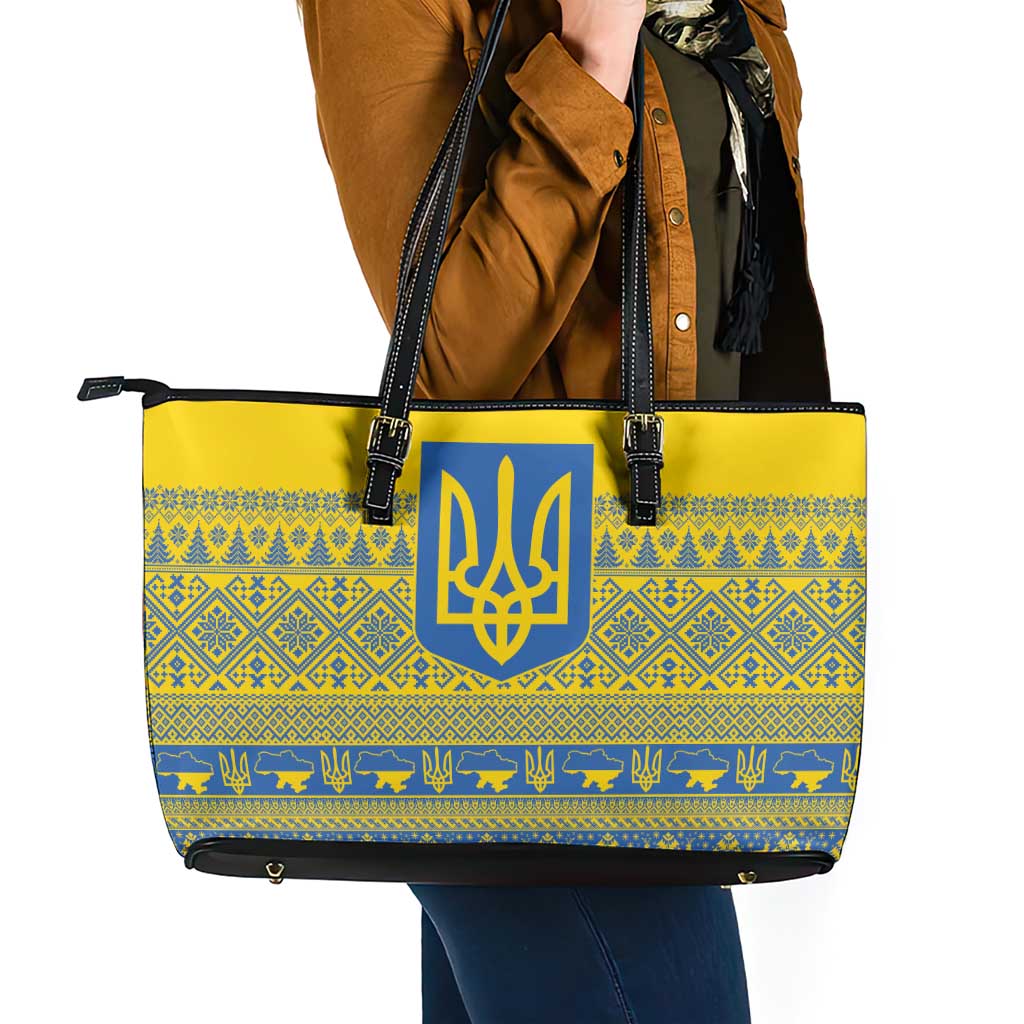 Ukraine Trident Christmas Leather Tote Bag Vyshyvanka Patterns - Wonder Print Shop