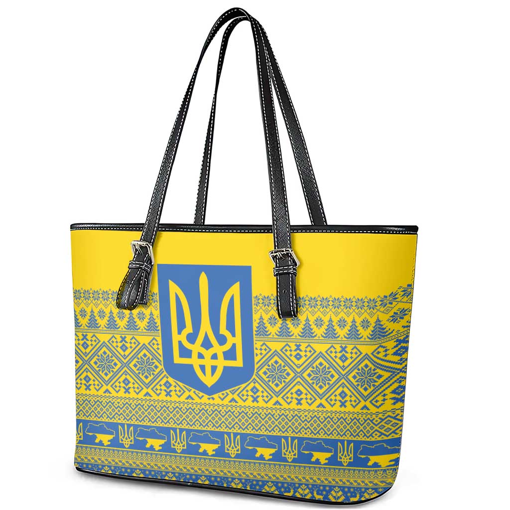 Ukraine Trident Christmas Leather Tote Bag Vyshyvanka Patterns - Wonder Print Shop
