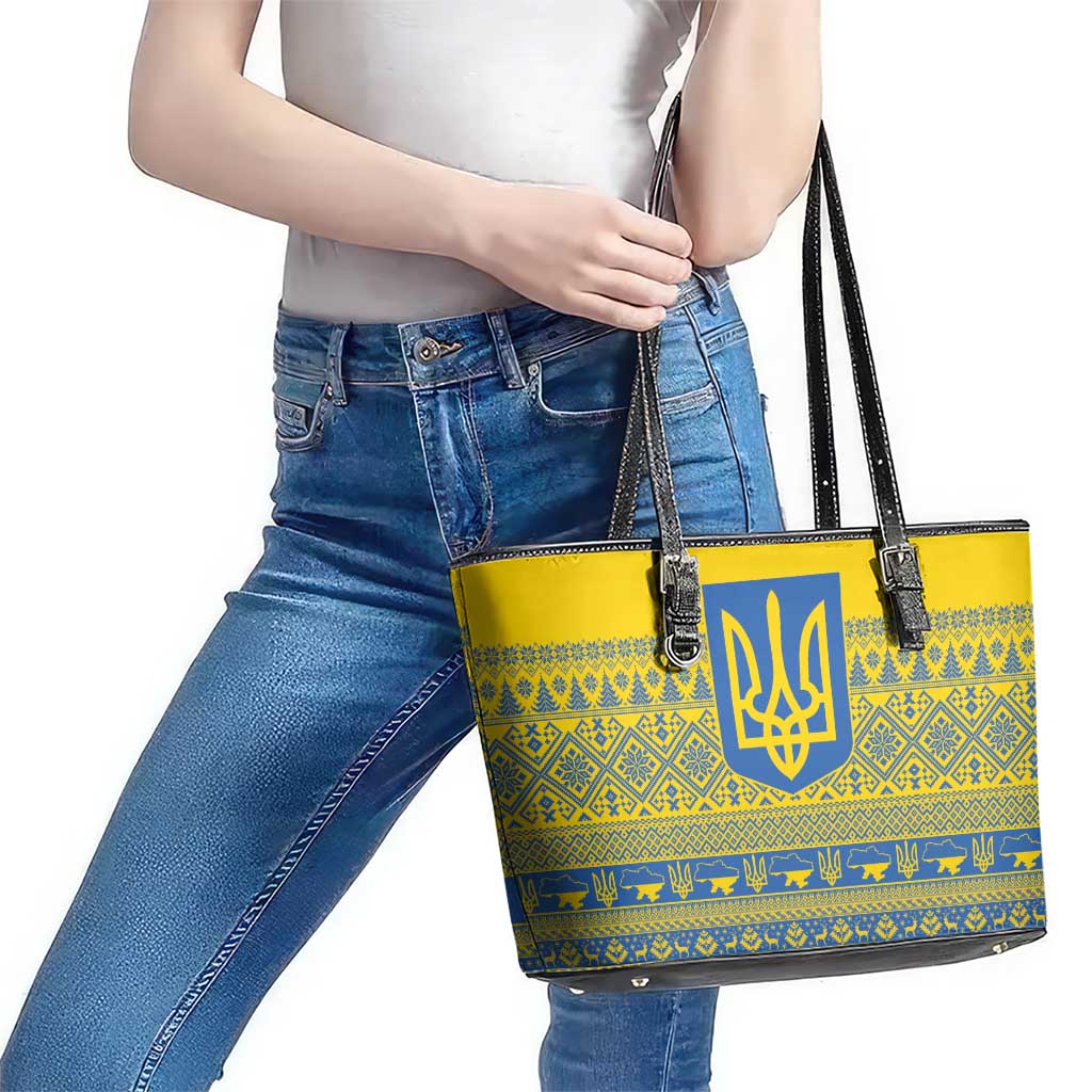 Ukraine Trident Christmas Leather Tote Bag Vyshyvanka Patterns - Wonder Print Shop