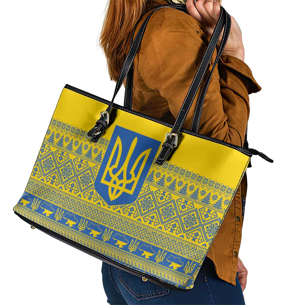 Ukraine Trident Christmas Leather Tote Bag Vyshyvanka Patterns - Wonder Print Shop