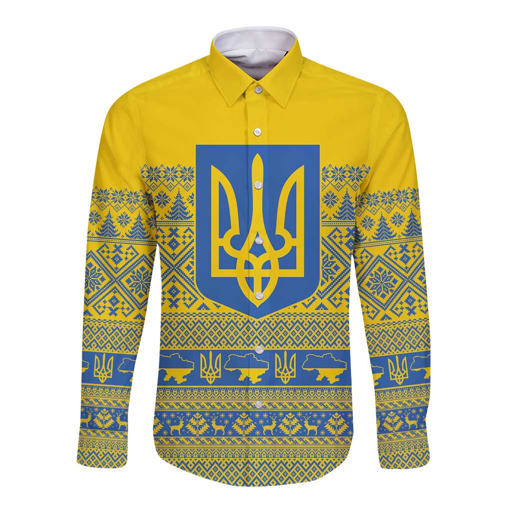 Ukraine Trident Christmas Long Sleeve Button Shirt Vyshyvanka Patterns - Wonder Print Shop