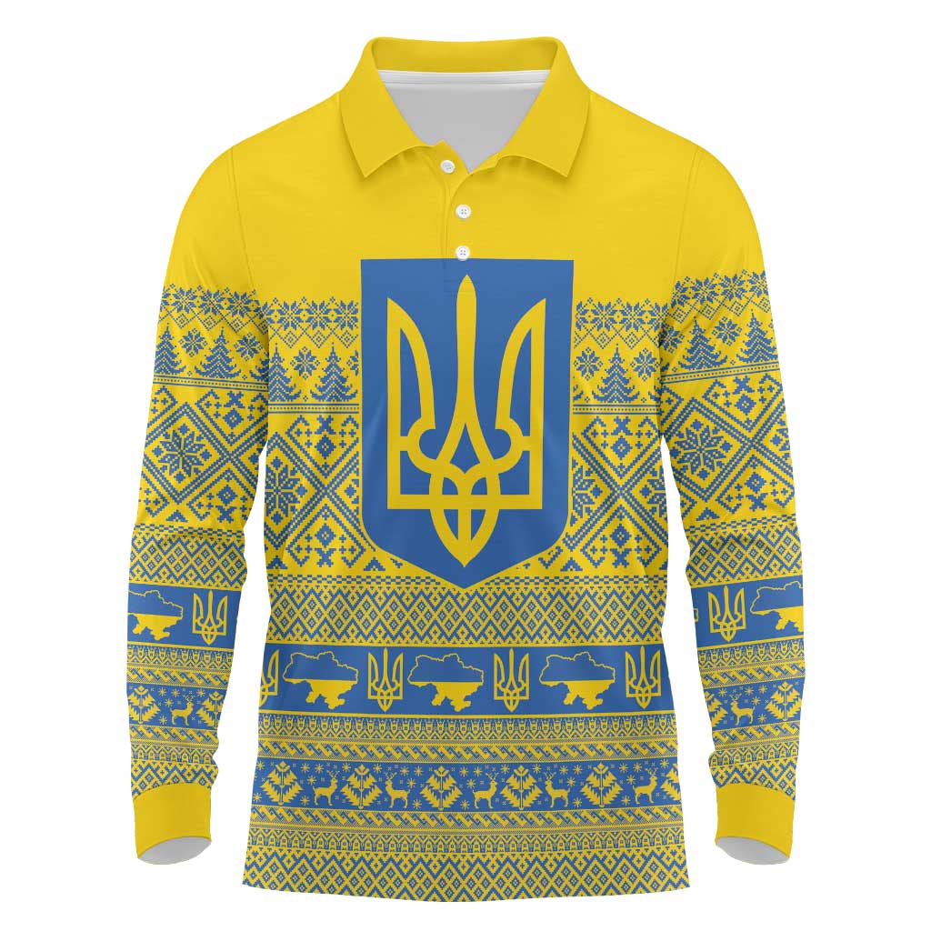 Ukraine Trident Christmas Long Sleeve Polo Shirt Vyshyvanka Patterns - Wonder Print Shop
