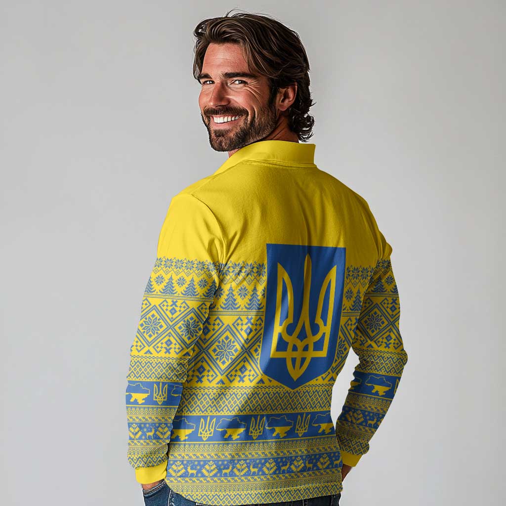 Ukraine Trident Christmas Long Sleeve Polo Shirt Vyshyvanka Patterns - Wonder Print Shop