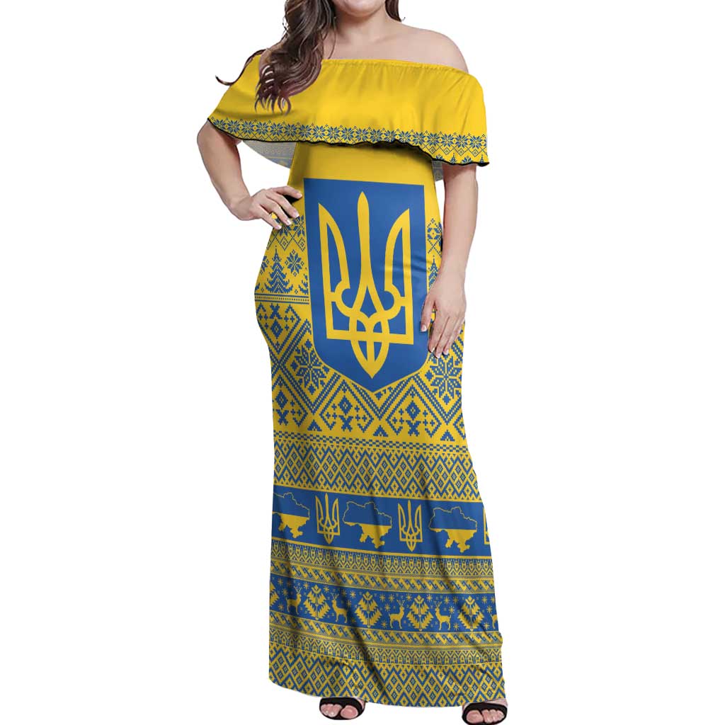 Ukraine Trident Christmas Off Shoulder Maxi Dress Vyshyvanka Patterns - Wonder Print Shop