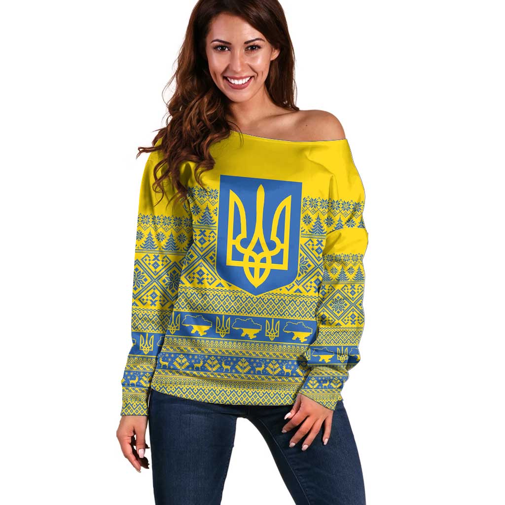 Ukraine Trident Christmas Off Shoulder Sweater Vyshyvanka Patterns - Wonder Print Shop