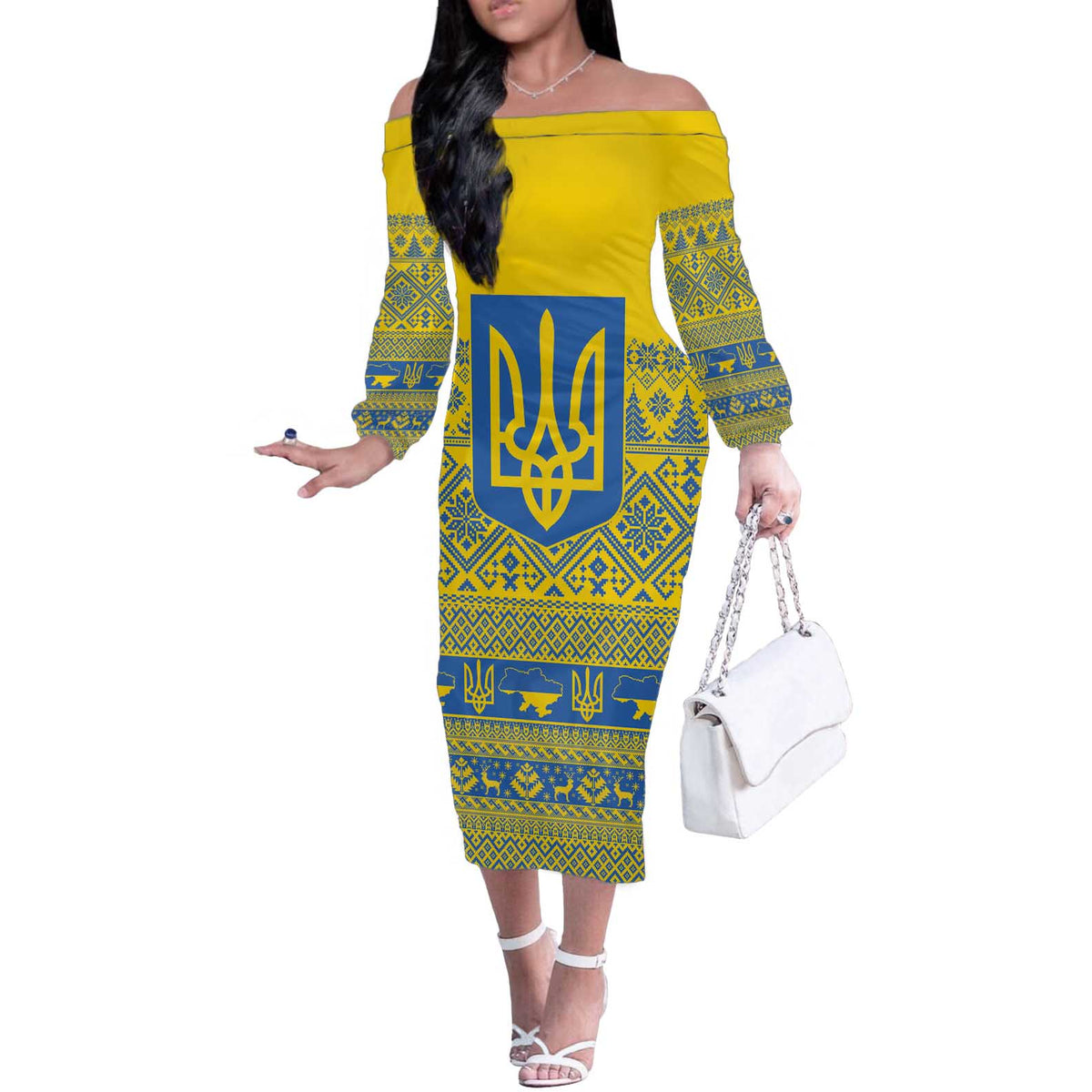 Ukraine Trident Christmas Off The Shoulder Long Sleeve Dress Vyshyvanka Patterns - Wonder Print Shop