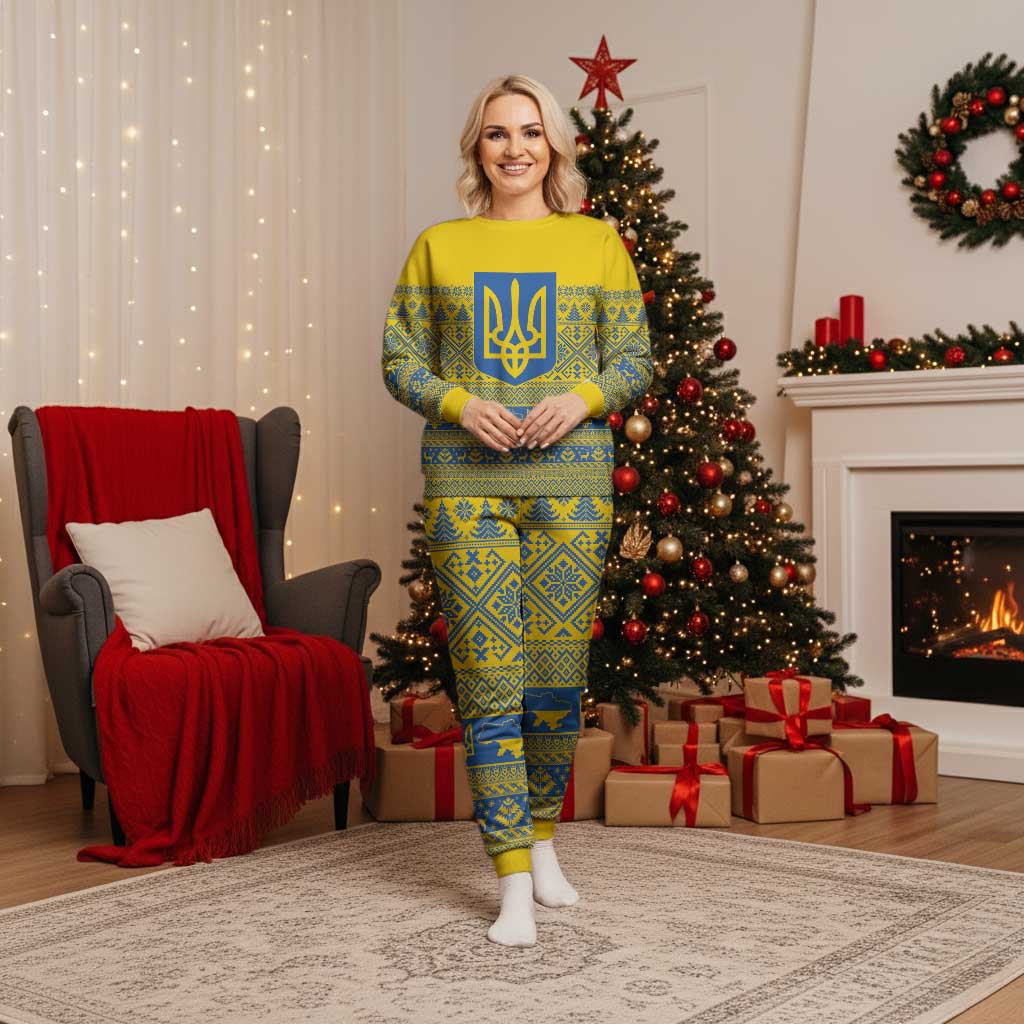 Ukraine Trident Christmas Pajama Set Vyshyvanka Patterns - Wonder Print Shop