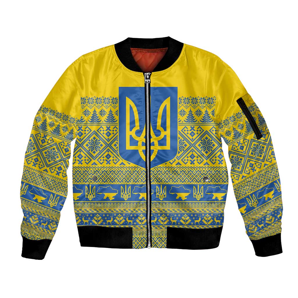 Ukraine Trident Christmas Sleeve Zip Bomber Jacket Vyshyvanka Patterns - Wonder Print Shop