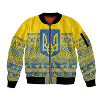 Ukraine Trident Christmas Sleeve Zip Bomber Jacket Vyshyvanka Patterns - Wonder Print Shop