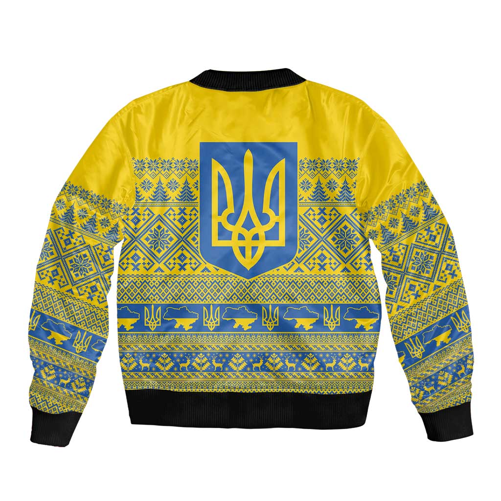 Ukraine Trident Christmas Sleeve Zip Bomber Jacket Vyshyvanka Patterns - Wonder Print Shop