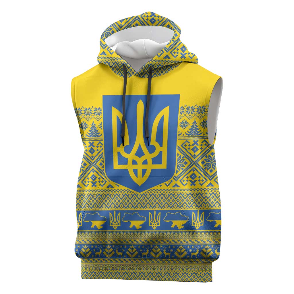 Ukraine Trident Christmas Sleeveless Hoodie Vyshyvanka Patterns - Wonder Print Shop