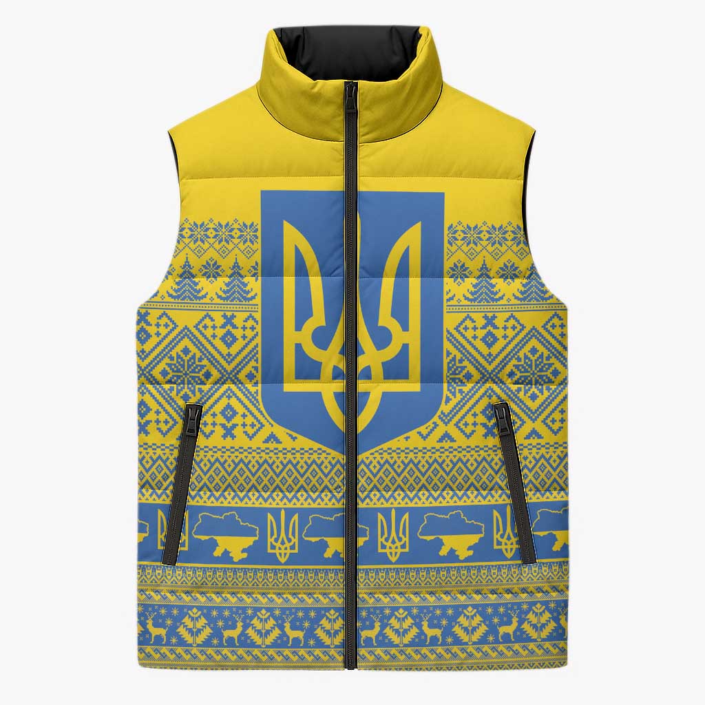 Ukraine Trident Christmas Sleeveless Puffer Jacket Vyshyvanka Patterns - Wonder Print Shop