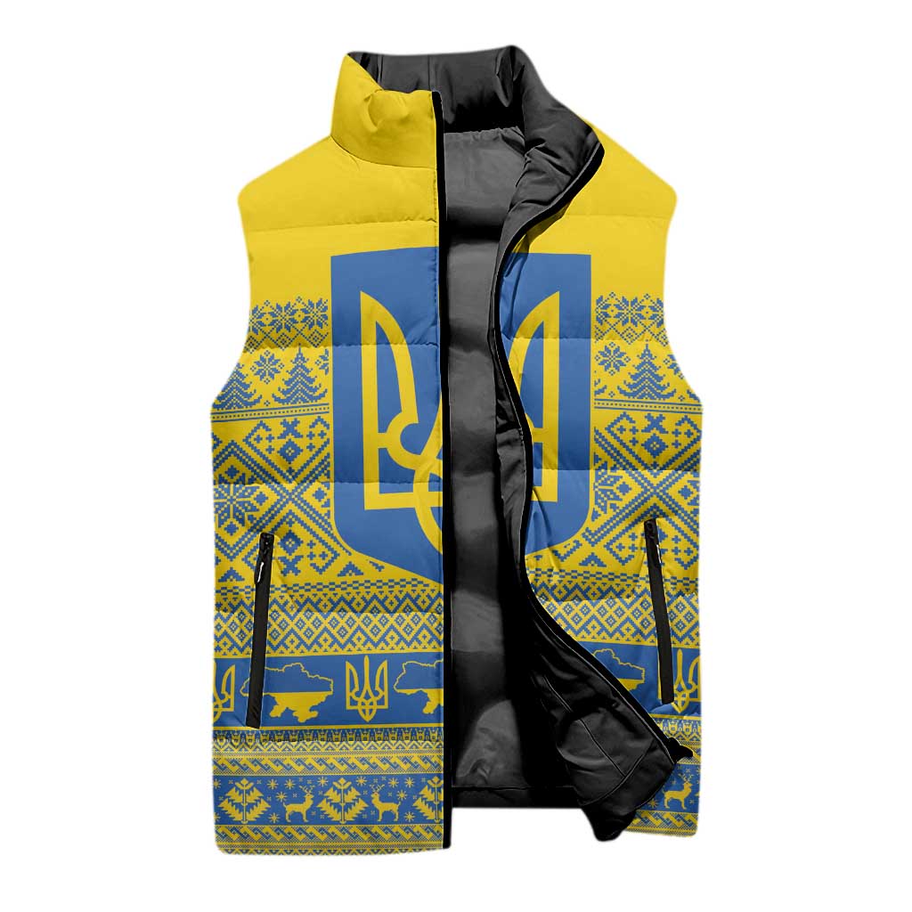 Ukraine Trident Christmas Sleeveless Puffer Jacket Vyshyvanka Patterns - Wonder Print Shop