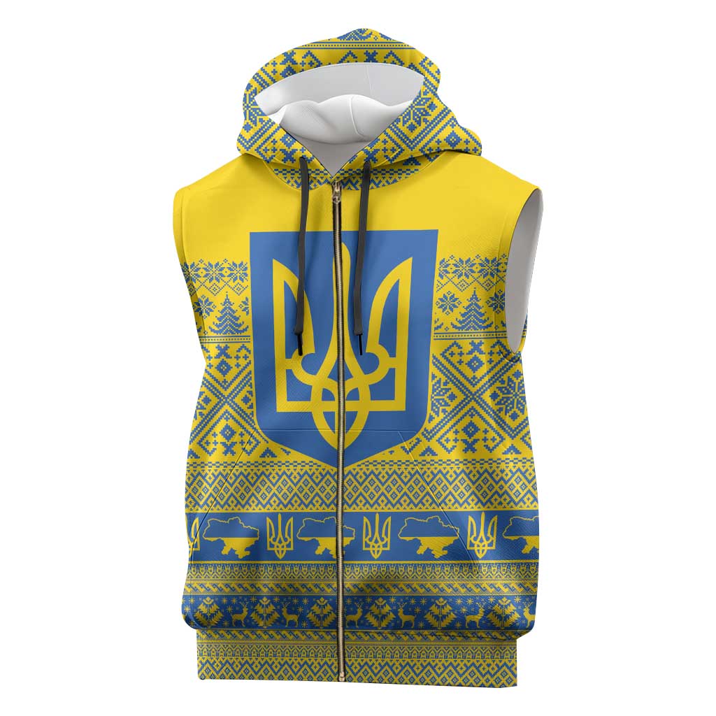 Ukraine Trident Christmas Sleeveless Zip Hoodie Vyshyvanka Patterns - Wonder Print Shop