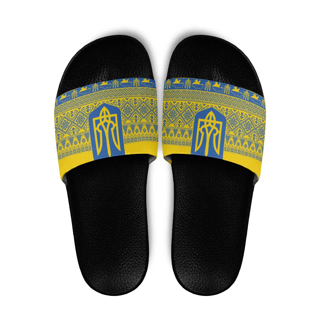 Ukraine Trident Christmas Slide Sandals Vyshyvanka Patterns - Wonder Print Shop