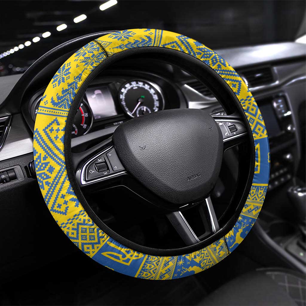 Ukraine Trident Christmas Steering Wheel Cover Vyshyvanka Patterns - Wonder Print Shop
