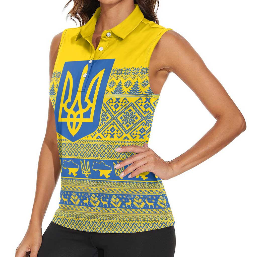 Ukraine Trident Christmas Women Sleeveless Polo Shirt Vyshyvanka Patterns - Wonder Print Shop