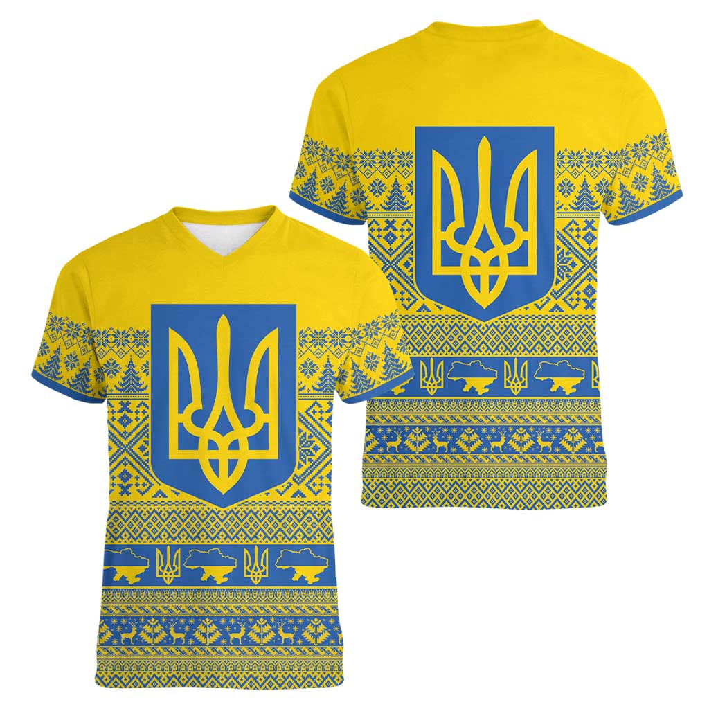 Ukraine Trident Christmas Women V-Neck T-Shirt Vyshyvanka Patterns - Wonder Print Shop